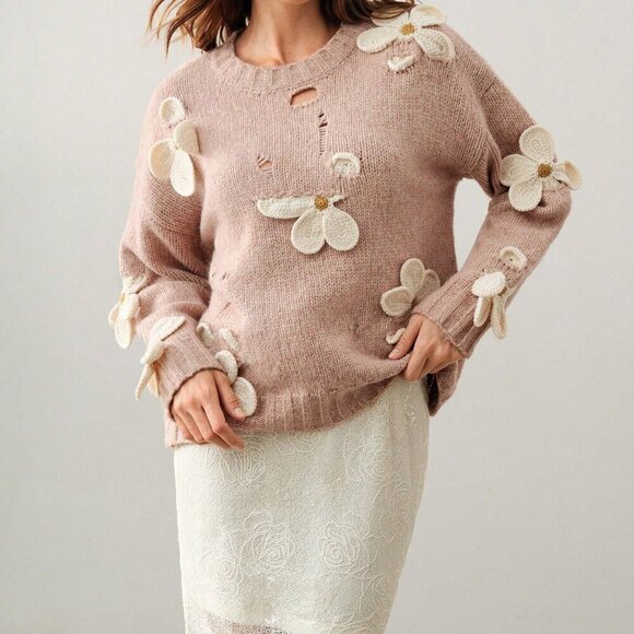 Camel Casual Women's Hand-Crocheted 3D Floral Round Neck Sweater - Picture 6 of 7